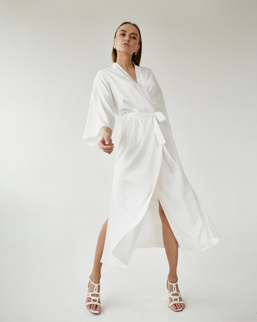 Kate White Silk Long Robe Kimono