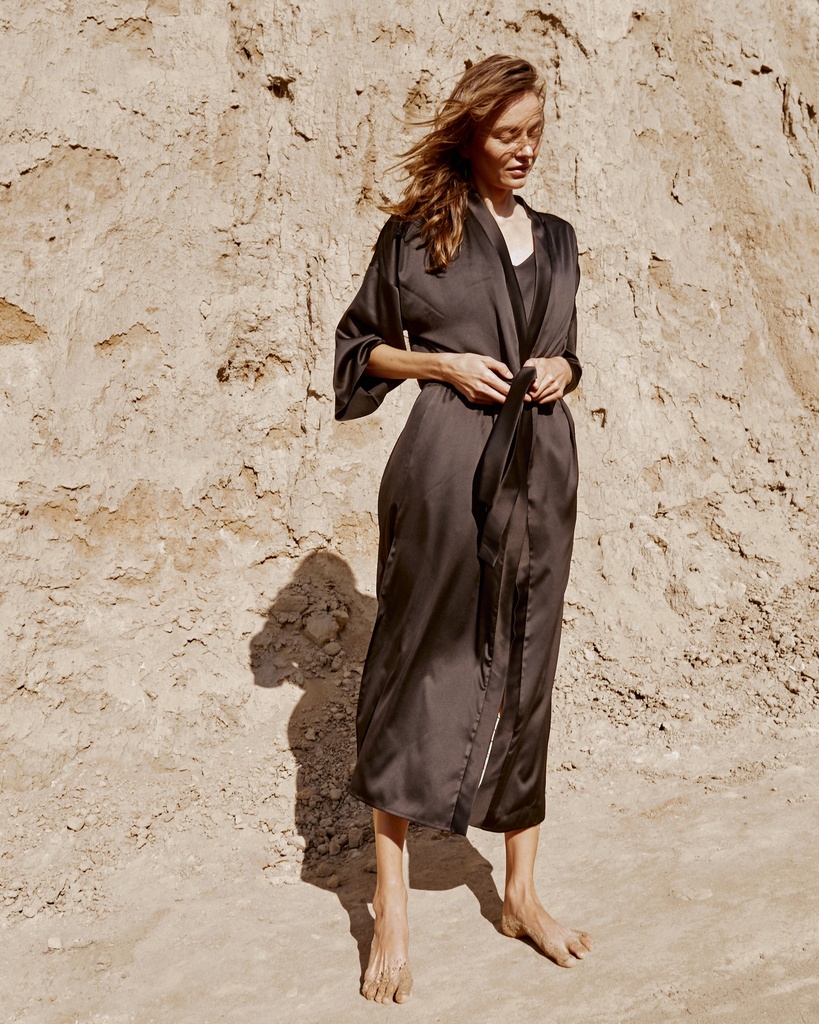 Kate Black Silk Long Robe Kimono