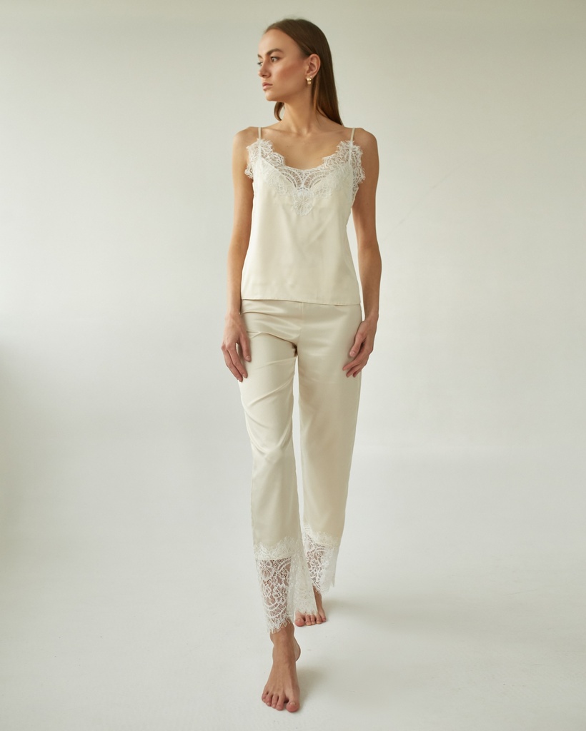 Angelika Light Beige Silk Pajama Set with Lace