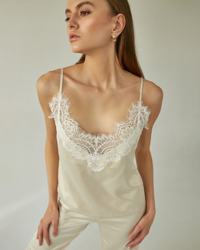 Angelika Light Beige Silk Pajama Set with Lace