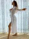 Peggy White Silk Long Robe with Tulle and Pearl Sleeves 