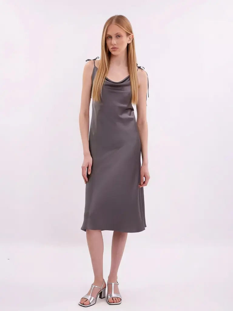 Iren Dark Grey Silk Midi Slip Dress