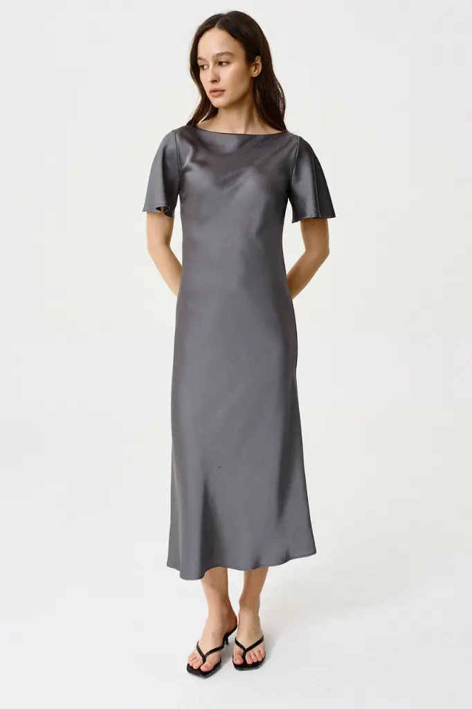 Lauren Graphite Midi Dress with Ruffle Sleeves