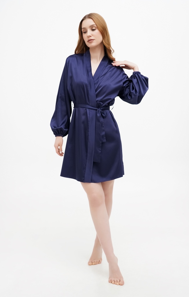 Шовковий короткий темно-синій халат "Рейне" з рукавами «ліхтарик» 