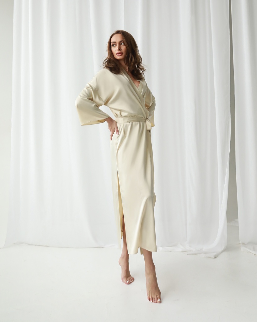 Kate Light Beige Silk Long Robe Kimono