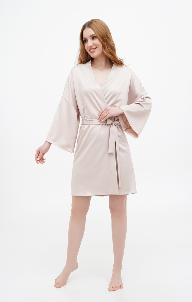 Kate Silk Light Beige Short  Robe Kimono
