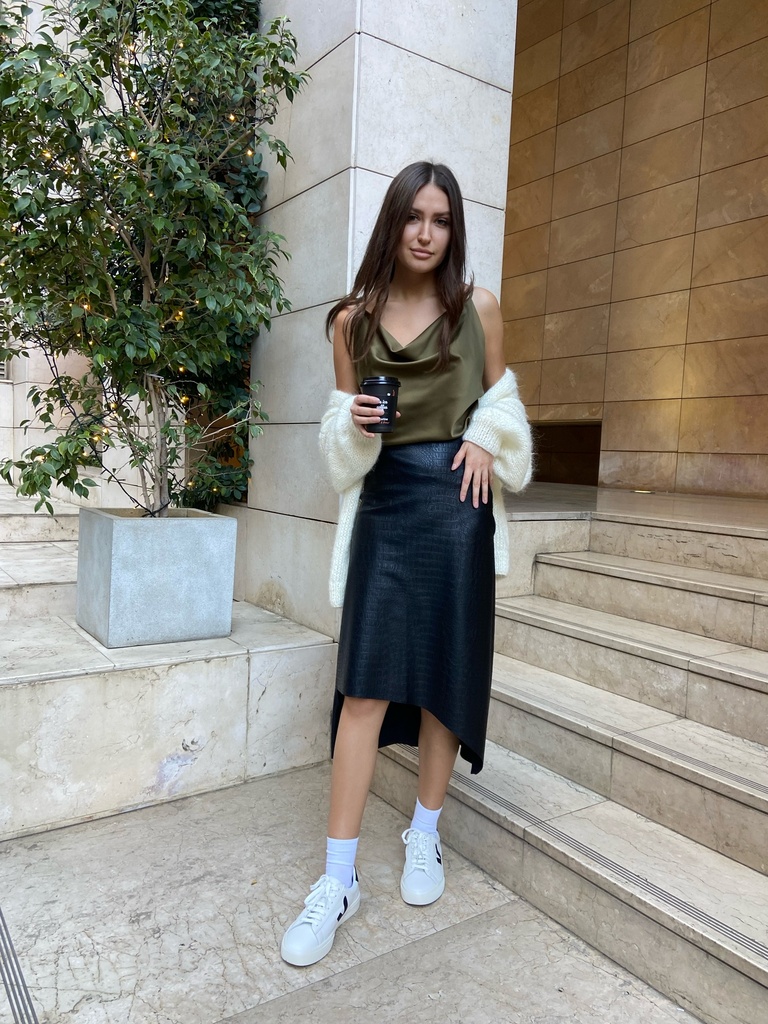 Iren Olive Silk Cowl Neck Tank Top