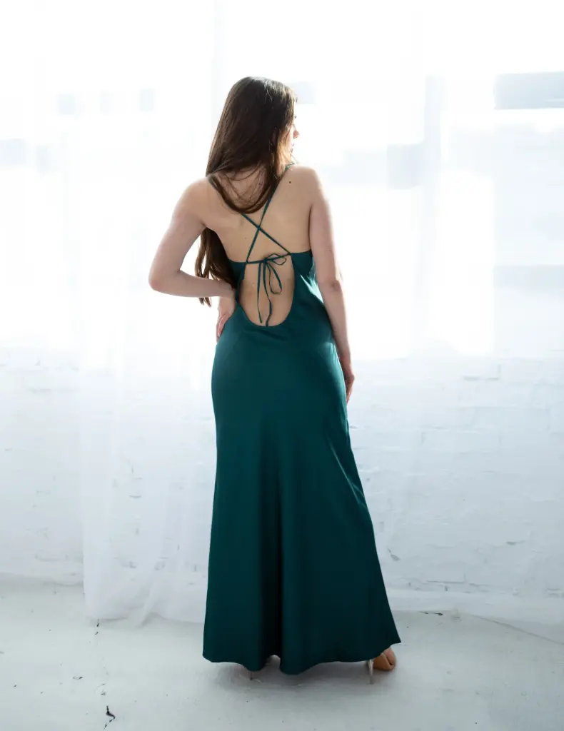 Daisy Green Silk Maxi Dress with Low Back 