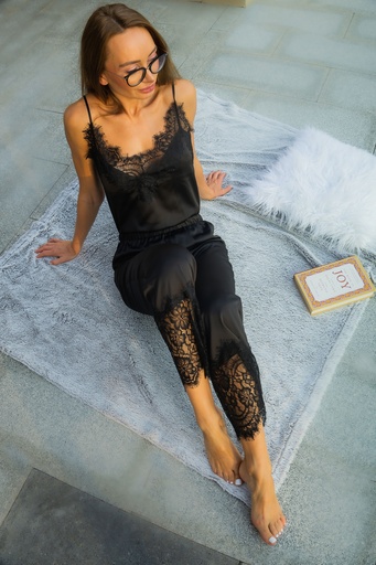 Angelika Black Silk Pajama Set with Lace