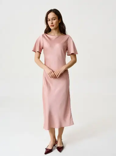 Lauren Powder Pink Silk Midi Dress with Ruffle Sleeves