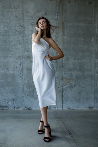Fayna White Silk Midi Dress with Halter Neck 