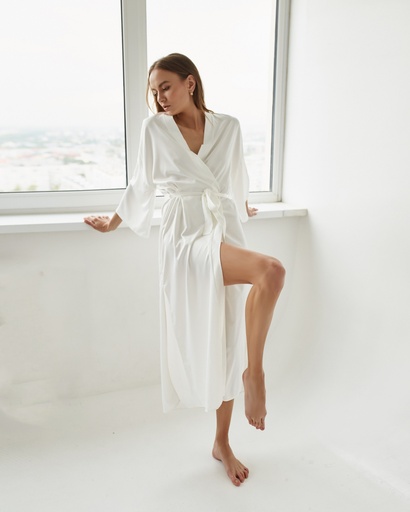 Kate White Silk Long Robe Kimono