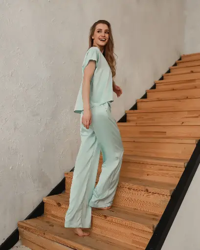 Loose Light Blue Silk Pajama Set 