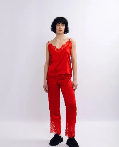 Angelika Red Silk Pajama Set with Lace