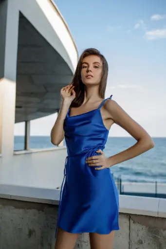 Iren Bright Blue Silk Mini Slip Dress 