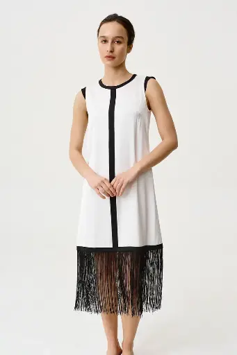 Coco Black & White Silk Cocktail Dress with Fringe Hem Design