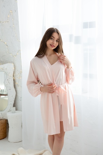 Reine Pink Short Silk Robe with Long Sleeves