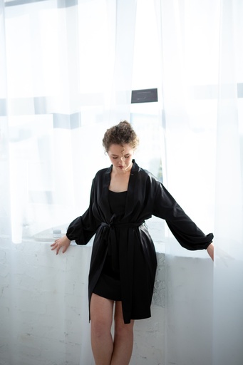 Reine Black Short Silk Robe with Long Sleeves