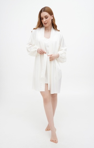 Reine WhiteShort Silk Robe with Long Sleeves